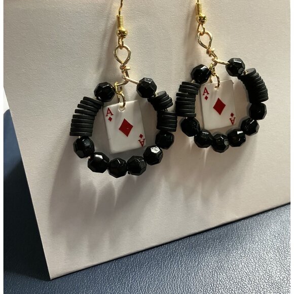 Beaded Dangle Black & White 8-Ball and Ace Card Earring Set 2 Pair Set - Picture 4 of 9